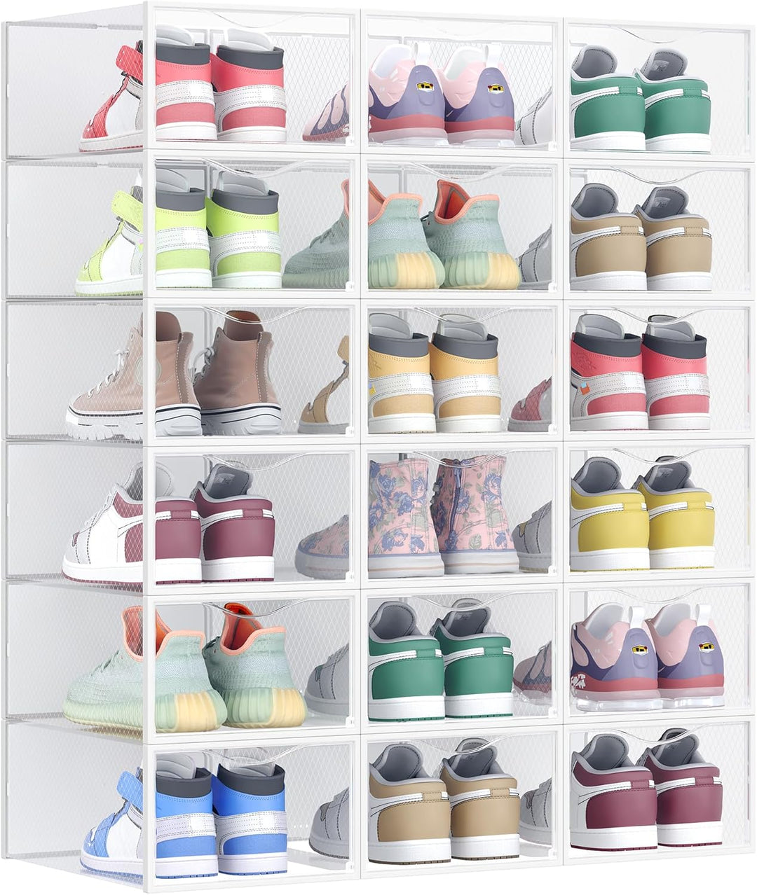 SONGMICS Schuhboxen, Schuh-Organizer aus Kunststoff, mit Tür, durchsichtig, 18er Set, stapelbar, ein