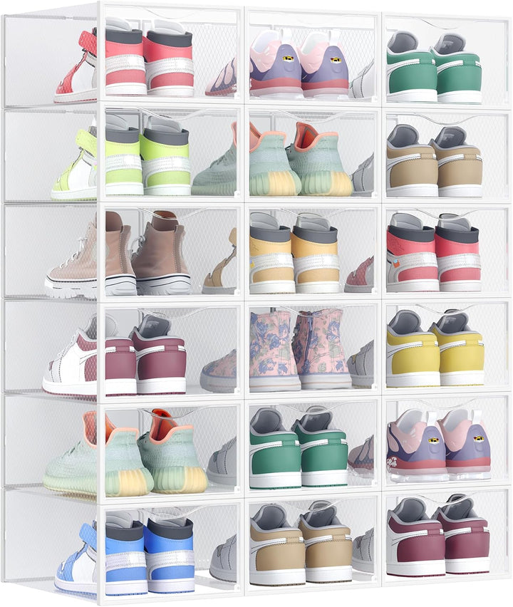 SONGMICS Schuhboxen, Schuh-Organizer aus Kunststoff, mit Tür, durchsichtig, 18er Set, stapelbar, ein