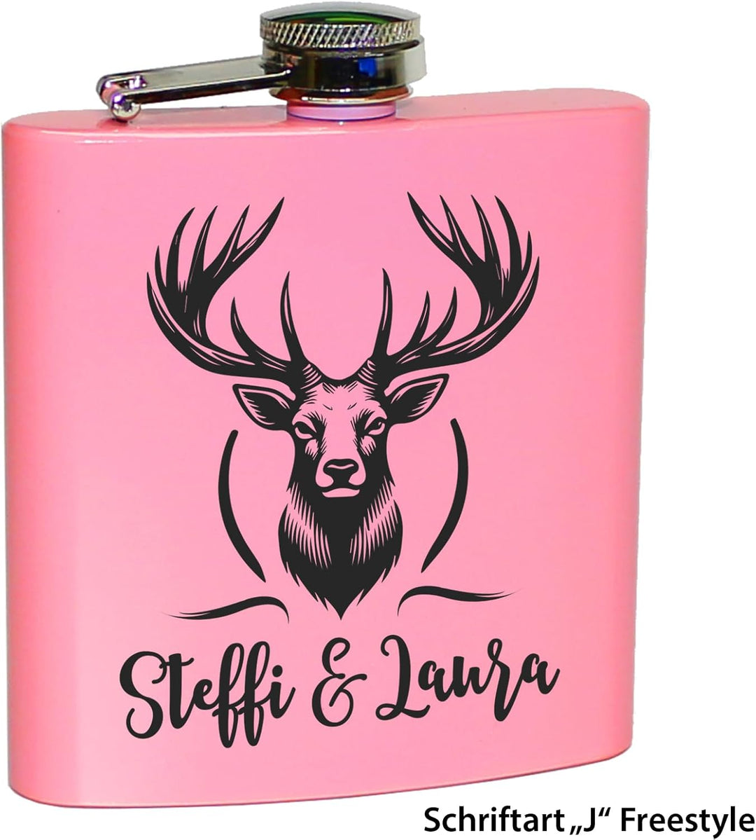 Jägerin Geschenk Rosa Flachmann Hirsch mit Gravur Flachmann Frauen Geschenkidee Bergsteigerin Pink,