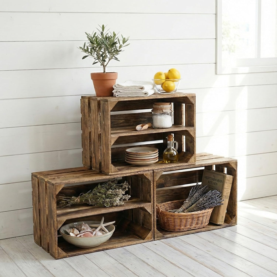 Teramico Vintage Holzkisten 40 x 30 x 25cm geflammt | Weinkisten &amp; Obstkisten | Set-Angebote (2er Se