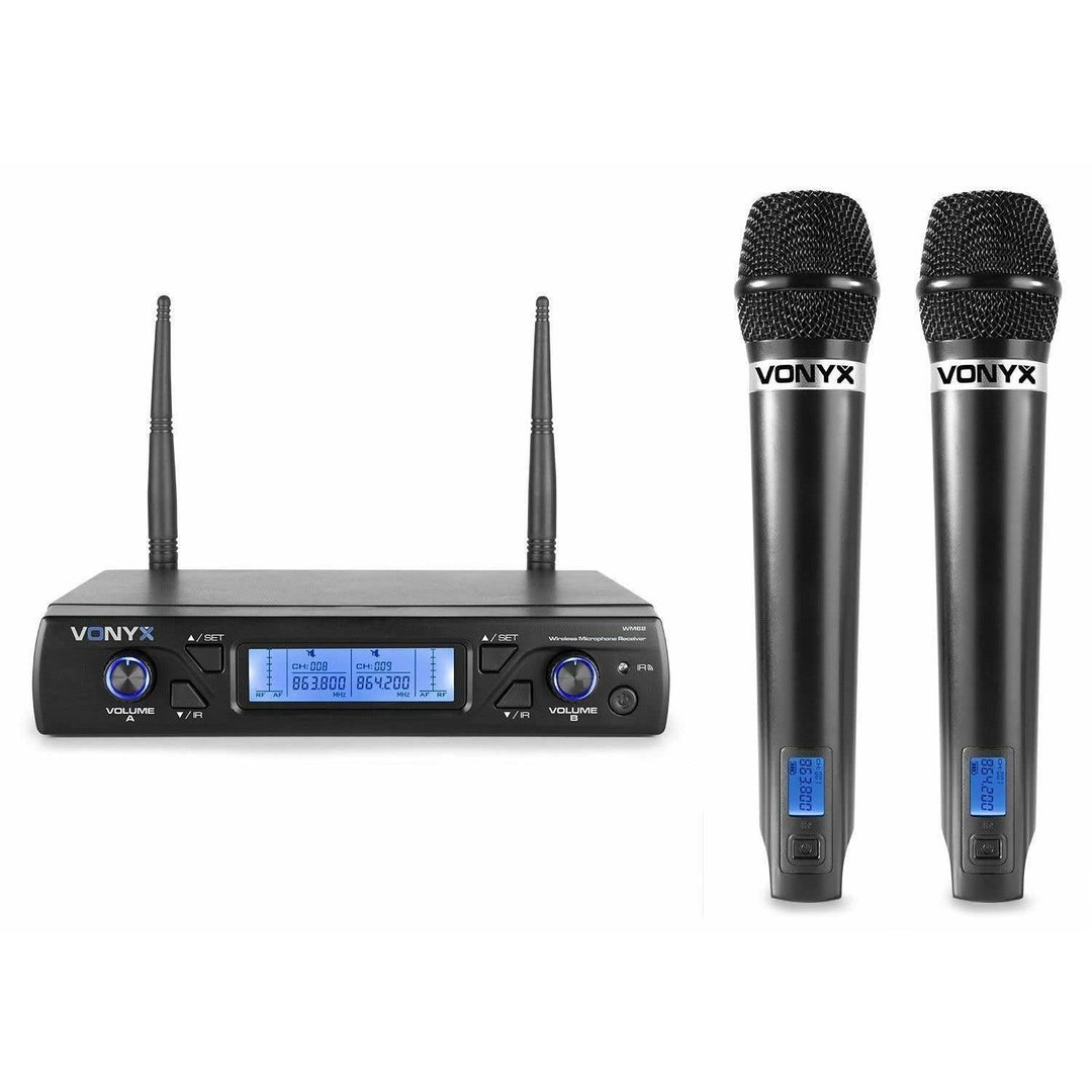 Vonyx WM62 2 kabellose Mikrofone und Empfänger - 16 UHF-Kanäle | 2 Handmikrofone, 16 UHF-Kanäle, IR-