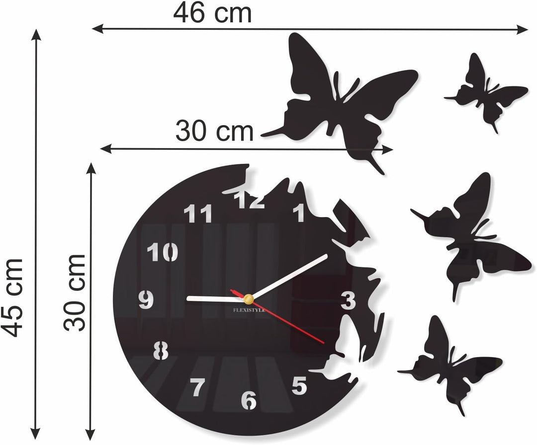 Grosse moderne Wanduhr Schmetterling Schwarz rund 30cm, 3d DIY, Wohnzimmer, Schlafzimmer, Kinderzimm