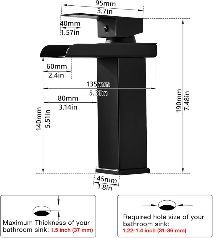 Wasserhahn Bad Schwarz Wasserfall Waschtischarmatur, Messing Einhebel Waschbecken Armaturen, Badarma