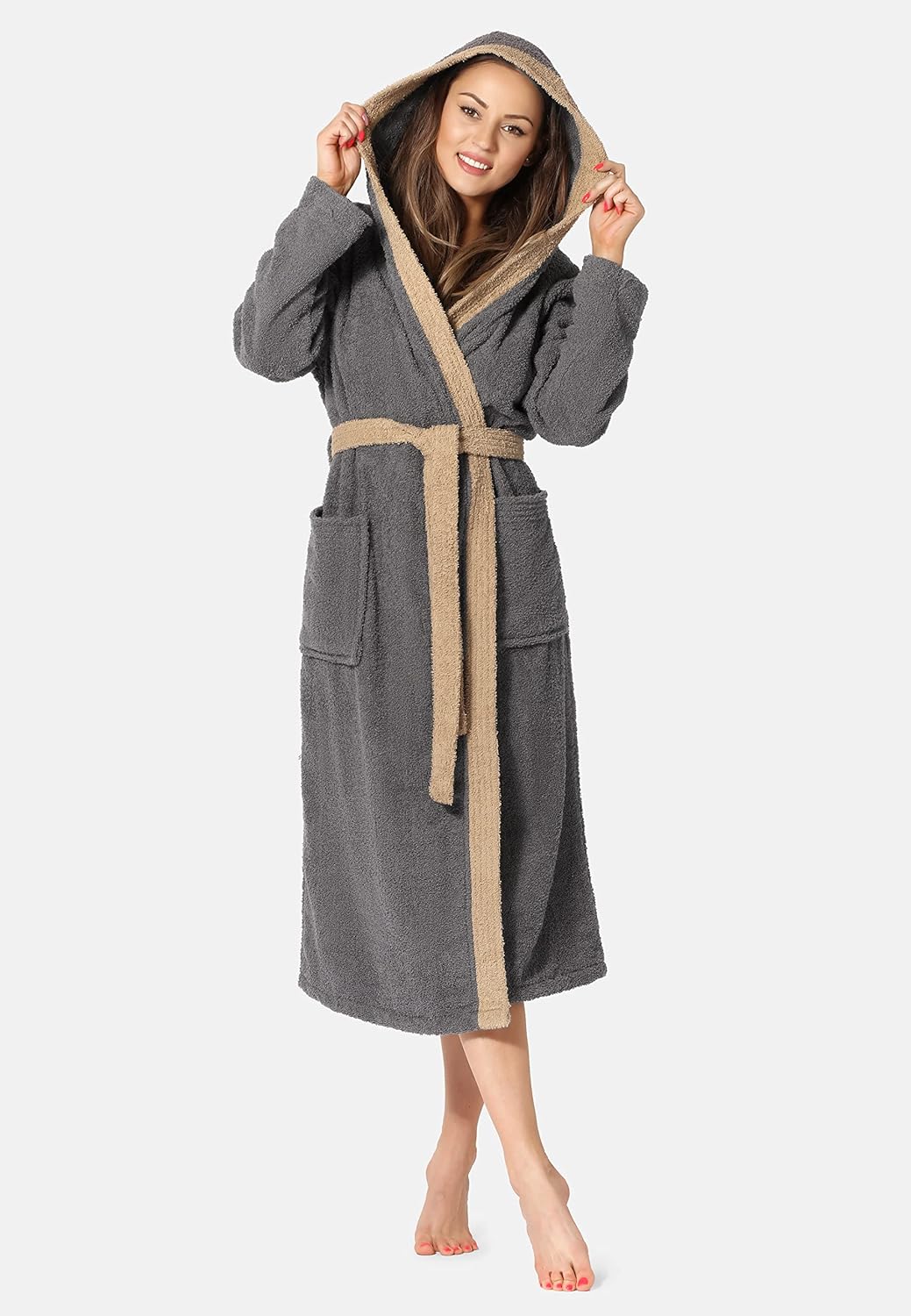 Ladeheid Damen Frottee Bademantel mit Kapuze aus 100% Baumwolle LA40-102 S Dunkelgrau-12/Beige-8, S