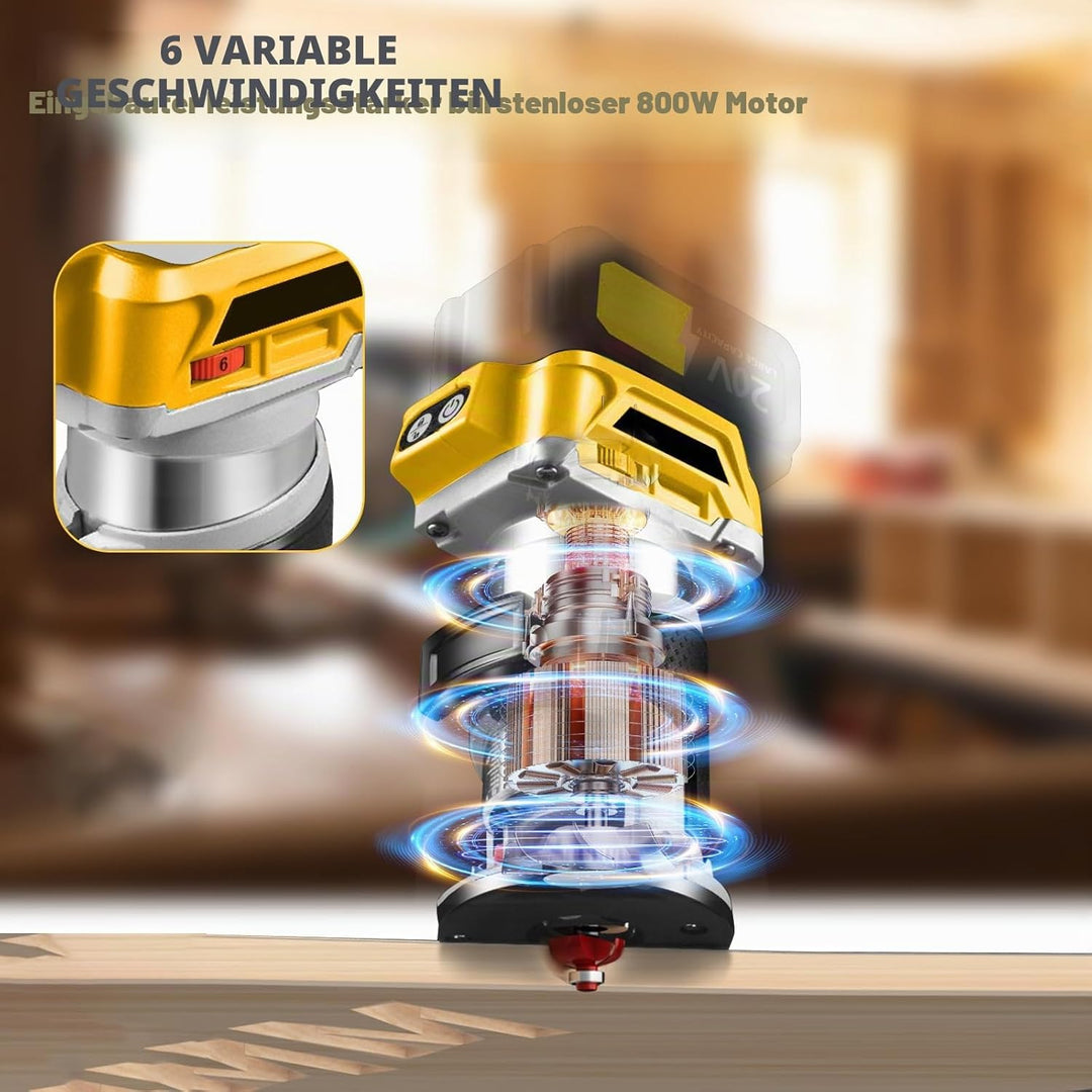 Kabelloser Oberfräse Dewalt, 18/20 V Akku, 800 W, 30.000 U/min, bürstenlos, 6 Geschwindigkeiten, Alu