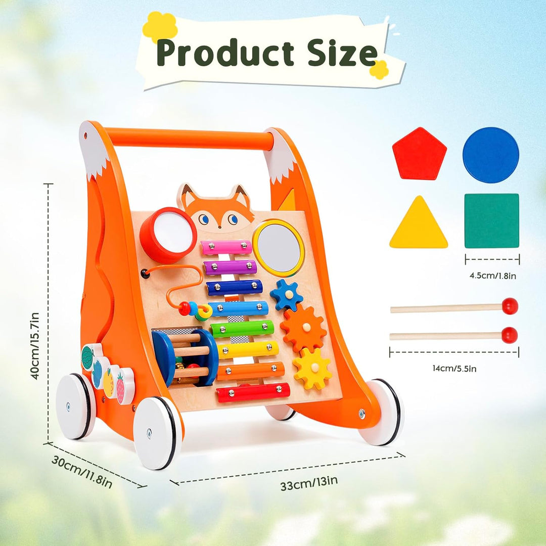 Lauflernwagen Holz für Kleinkinder, Multifunktionale Lauflernhilfe mit Spielbrett und Musik, Laufler