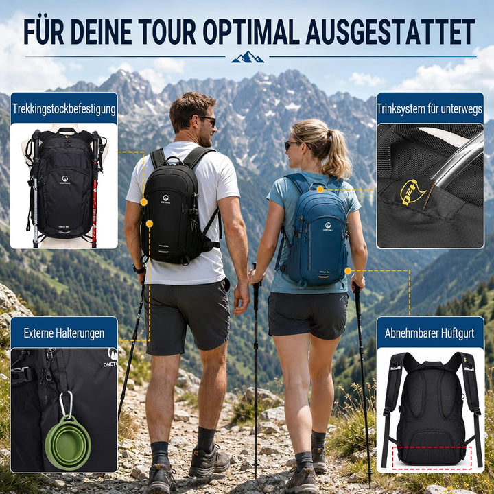 Wanderrucksack Damen & Herren 20L, Leichter Tagesrucksack Klein, Rucksack Wasserdicht mit Regenhülle
