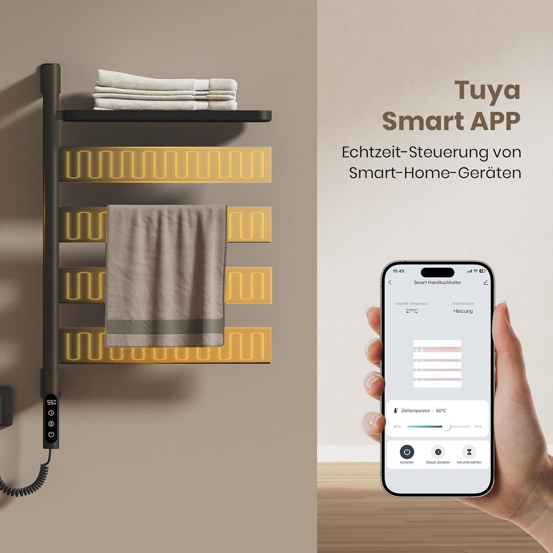 EMKE 180° Drehung Handtuchheizkörper Elektrisch, Badheizkörper Elektrisch mit Lagerregal, Wifi Smart