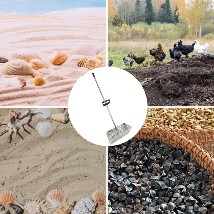 Strandrechen, Sandflohharke, Sandsieb aus Edelstahl mit Breitem Trapezkorb, Abnehmbarem Sandrechen,