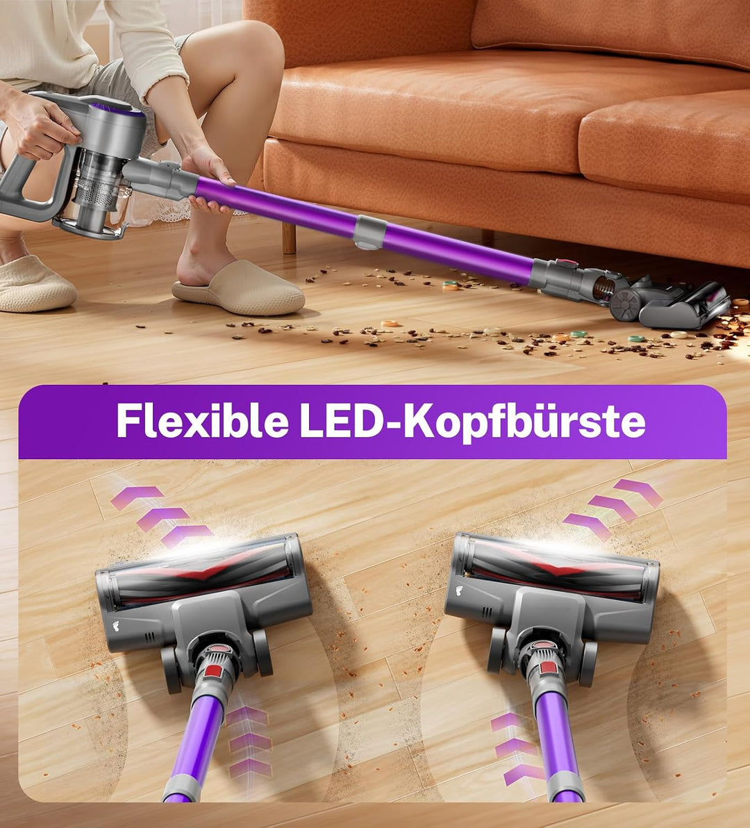 Akku Staubsauger, 30000Pa/55Min Staubsauger Kabellos, Anti-Tangle-Bürste und Selbststehend, Ultralei