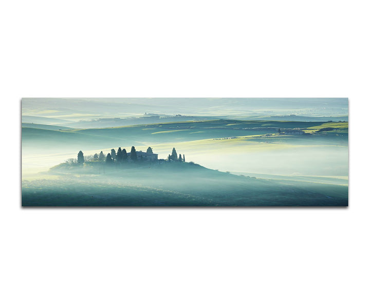Paul Sinus Art Panoramabild auf Leinwand und Keilrahmen 120x40cm Toskana Landschaft Nebel Morgengrau