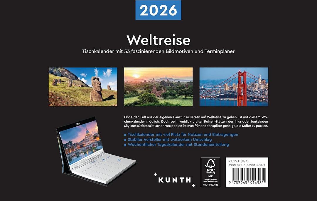 Weltreise - KUNTH Tischkalender 2026: Wochenkalender mit faszinierenden Fotomotiven und einem prakti