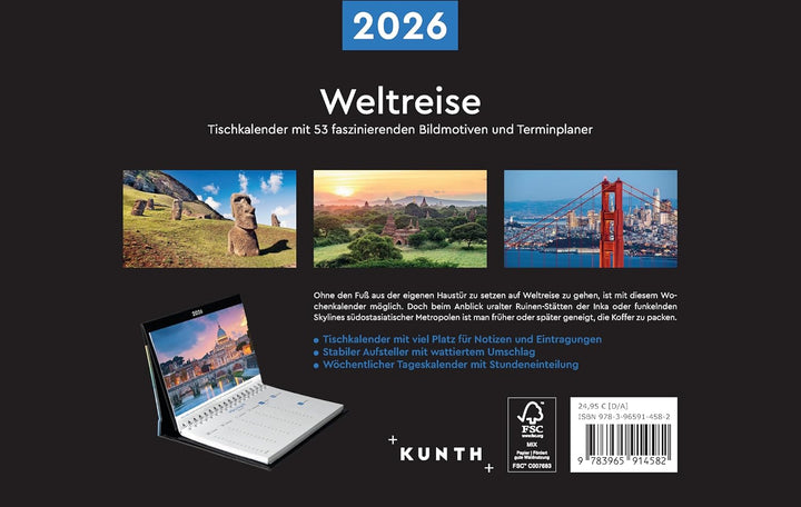 Weltreise - KUNTH Tischkalender 2026: Wochenkalender mit faszinierenden Fotomotiven und einem prakti
