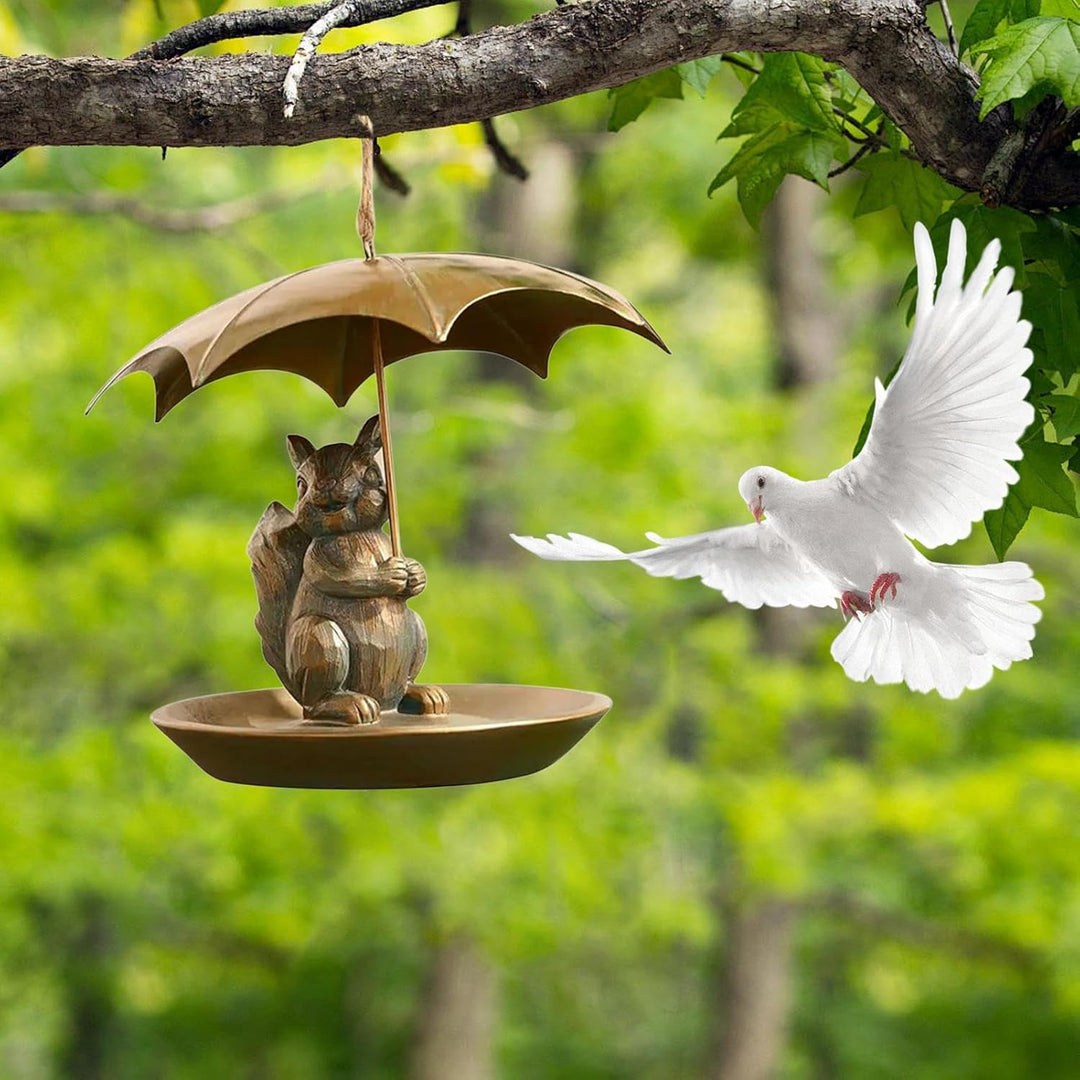 Animal Bird Feeder with Umbrella - Cute Squirrel/Cat/Dog Holding Umbrella Design Bird Feeder - Metal