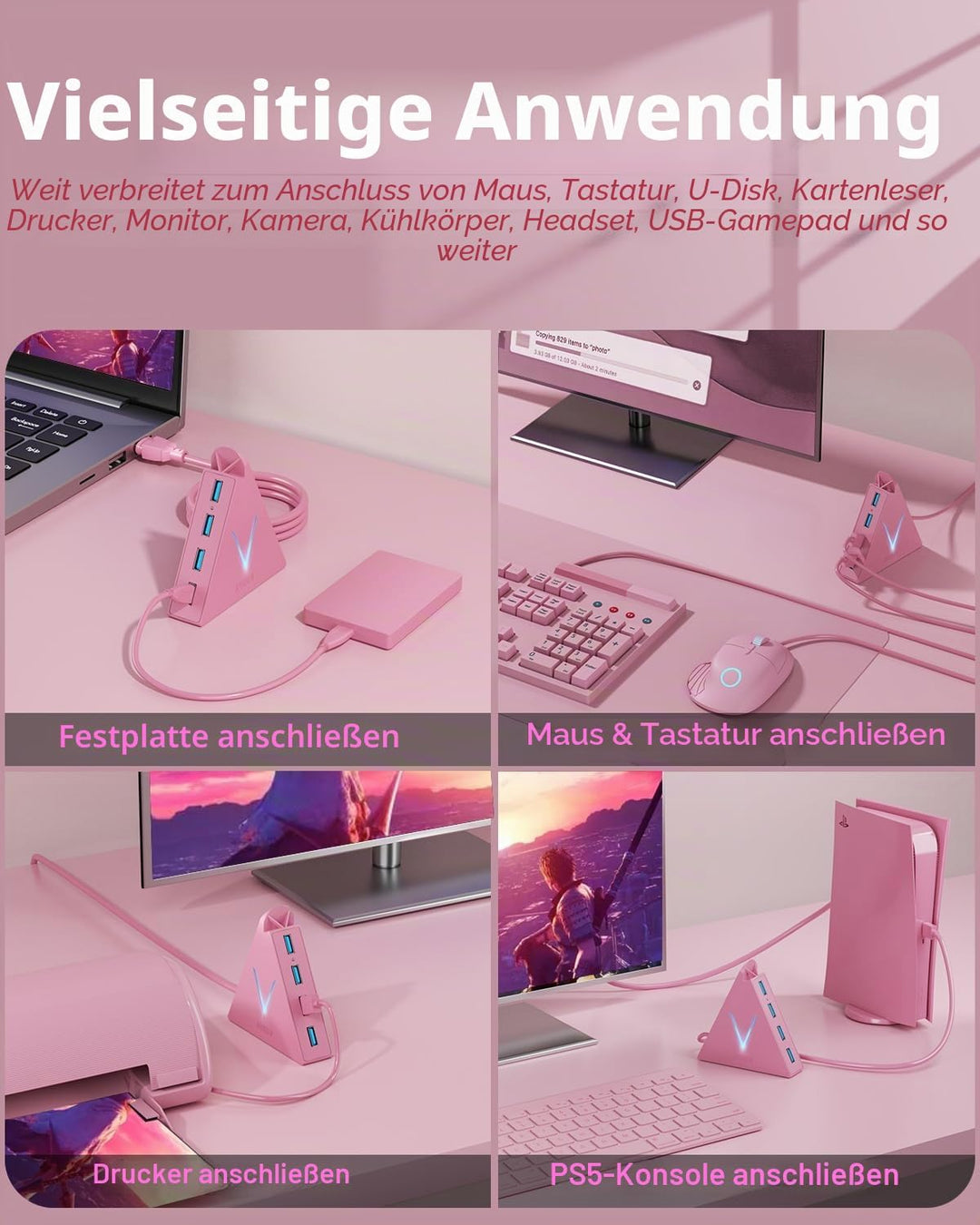 4-Port USB 3.0 Hub,USB 3.0 verlängerung mit verlängertem 60cm Kabel,USB Verteiler für Mac, PC, Xbox