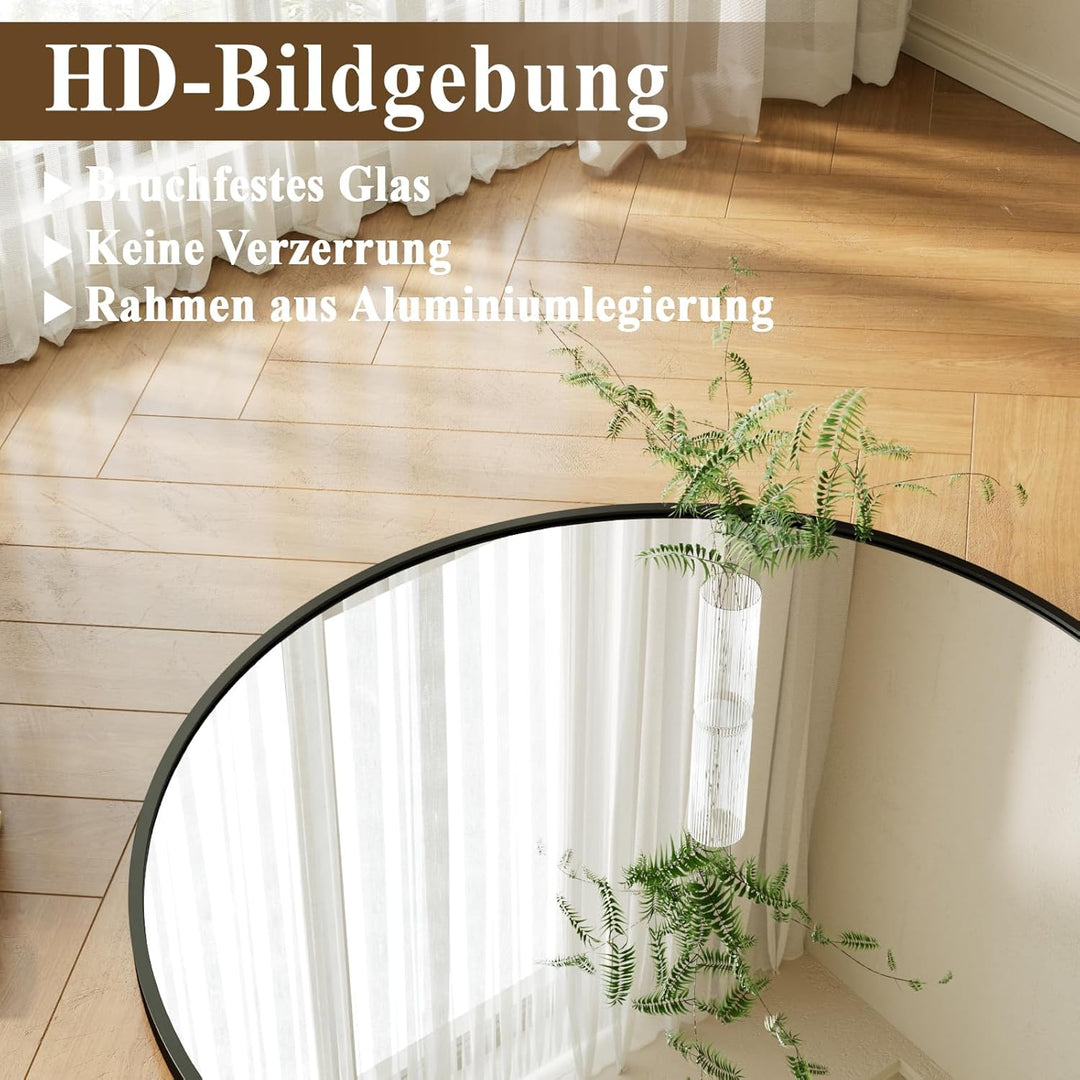 Spiegel Rund Schwarz 122cm, runder Wandspiegel mit Aluminiumrahmen, Einfache Montage, Modern Spiegel