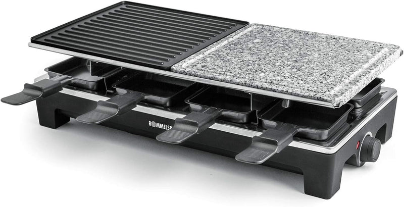 ROMMELSBACHER Raclette Grill RCS 1350 – 2 Wendegrillplatten, 1 Steingrillplatte, 8 Pfännchen, 8 Scha