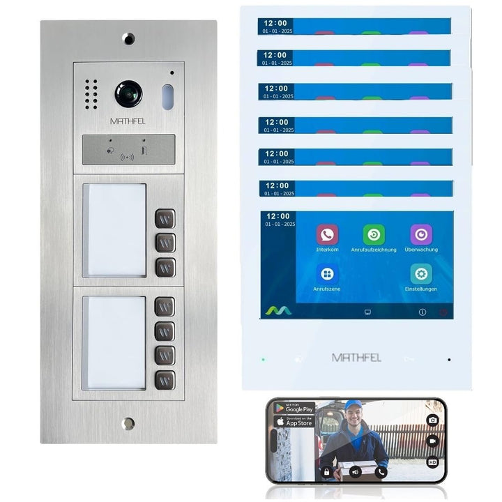 MATHFEL 2-Draht-IP WLAN Video-Türsprechanlage mit RFID – Komplettset für 7-Familienhäuser mit 7X 7-Z