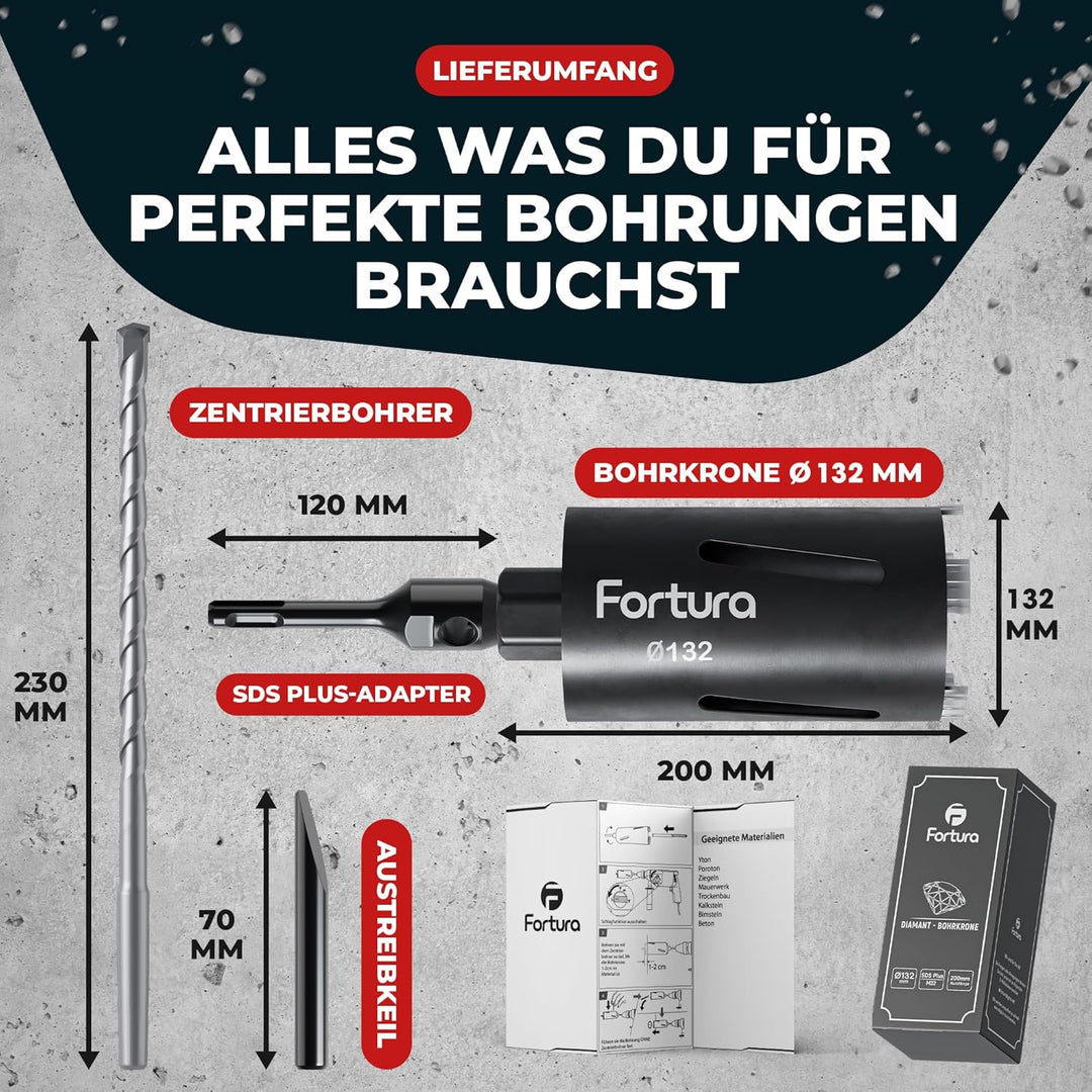 Fortura® Kernbohrer/Bohrkrone Ø42-162mm / 200mm Länge/SDS Plus/Dosenbohrer/Diamantbohrkrone/Bohrkron