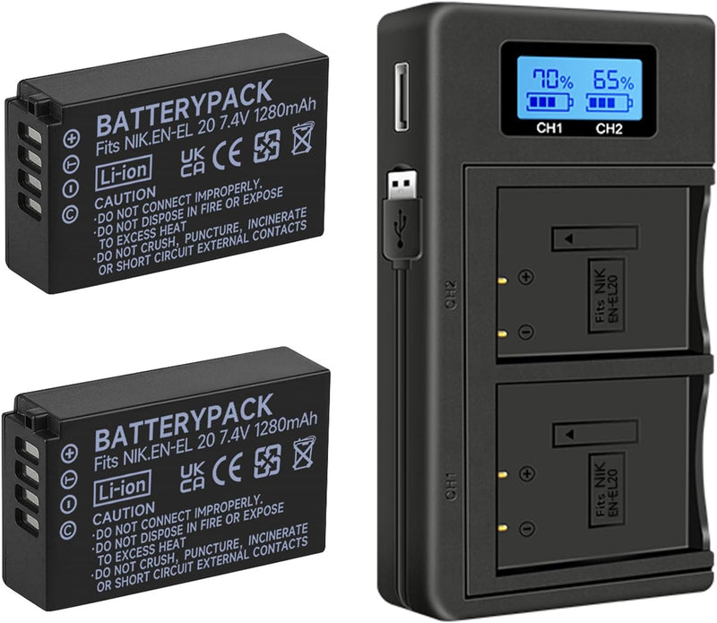 2 Stück EN-EL20 EN-EL20a Akkus und Smart LCD Display Dual USB Ladegerät für Nikon Coolpix P950, P100