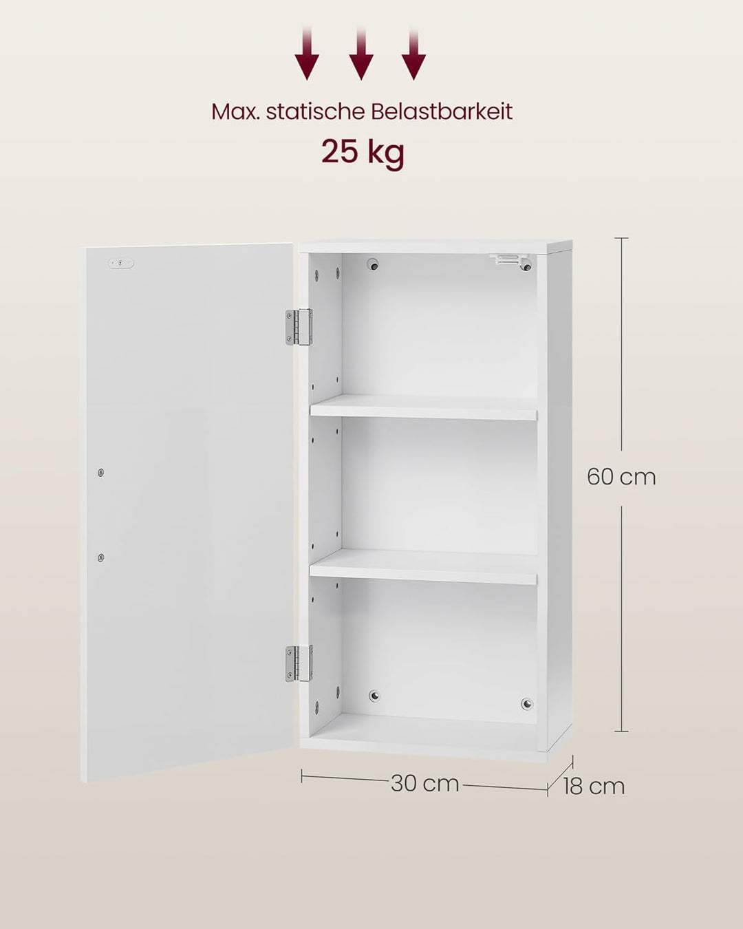 VASAGLE Badezimmerschrank, Badschrank, wandmontiert, 18 x 30 x 60 cm, Wandschrank mit verstellbaren