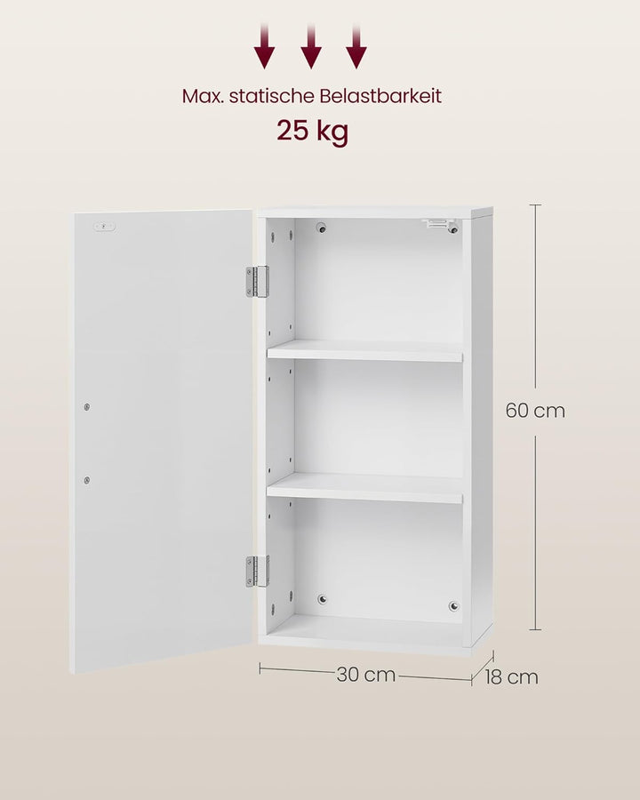 VASAGLE Badezimmerschrank, Badschrank, wandmontiert, 18 x 30 x 60 cm, Wandschrank mit verstellbaren