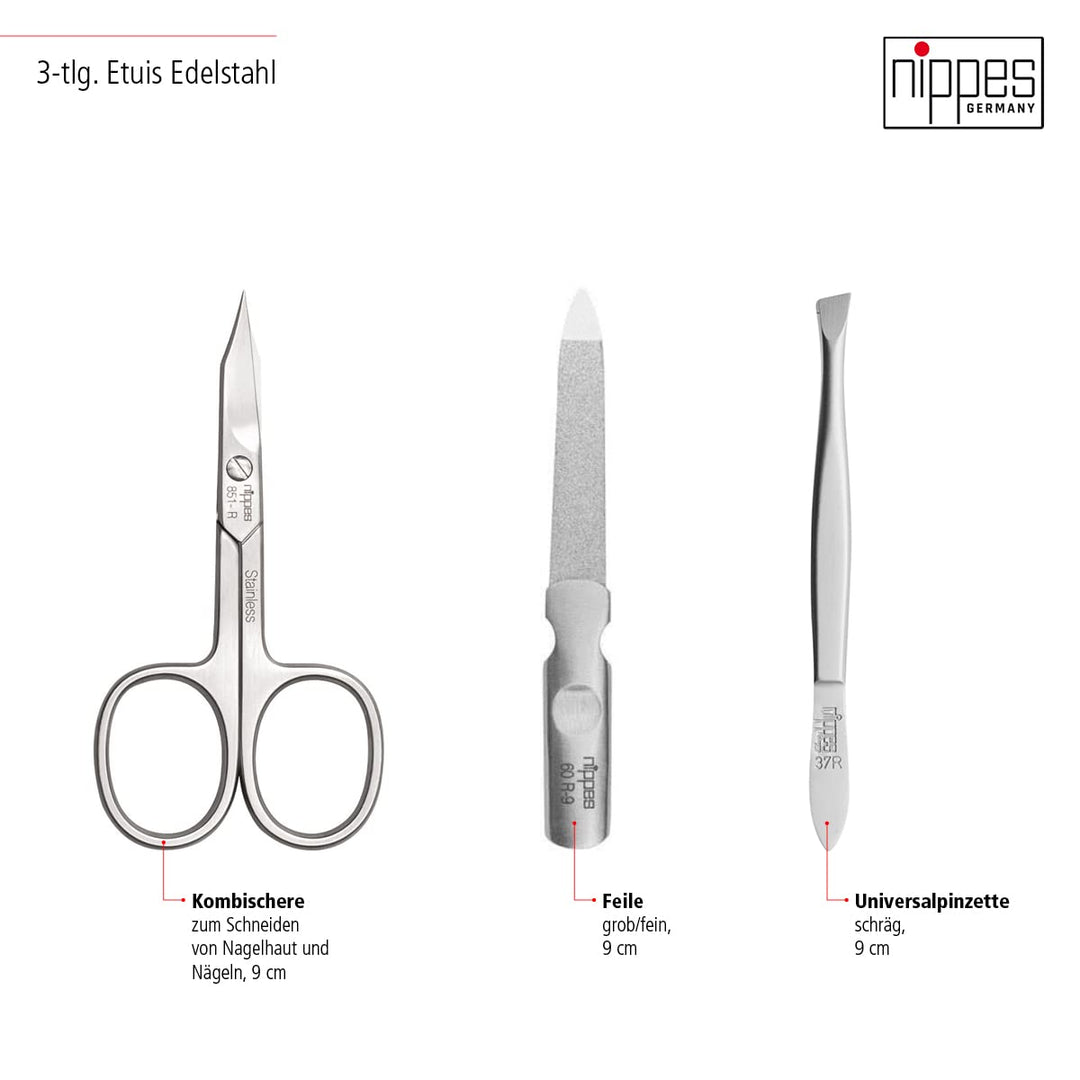 nippes Solingen Premium Line Maniküre Set Wild Red, 3-teilig, Edelstahl rost- und nickelfrei, Rindsl