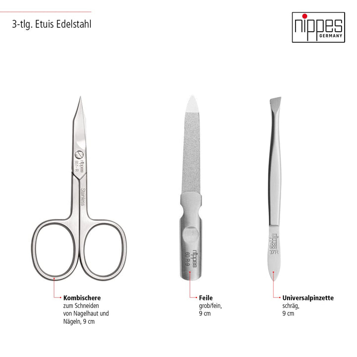 nippes Solingen Premium Line Maniküre Set Wild Red, 3-teilig, Edelstahl rost- und nickelfrei, Rindsl