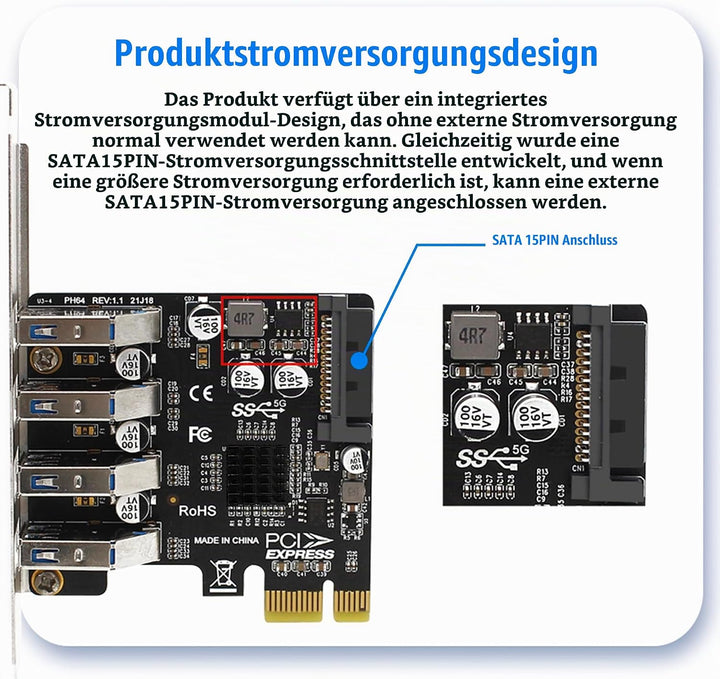 Interne 4-Port PCIe USB-Erweiterungskarte, USB 3.2 Gen 1 (5 Gbit/s), interner Hub-Adapter-Controller