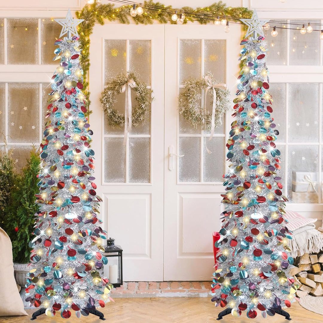 HMASYO 150 cm Pop-Up Lametta Weihnachtsbaum mit 50 Timer-Lichtern, Buntes Silber Zusammenklappbarer