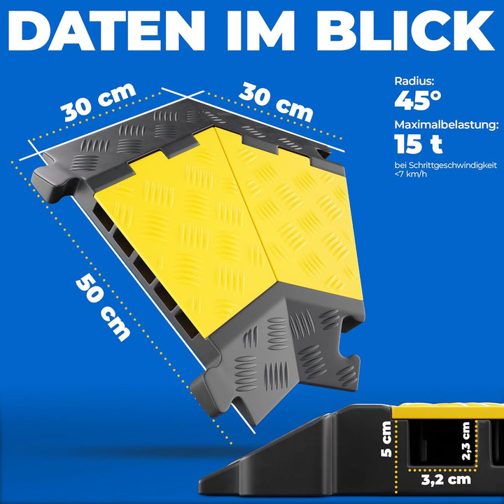 5 Kanal Ecke 45° Kabelbrücke mit Deckel überfahrbar Stolperschutz Rampe Brücke Protektor | 15 t Trag