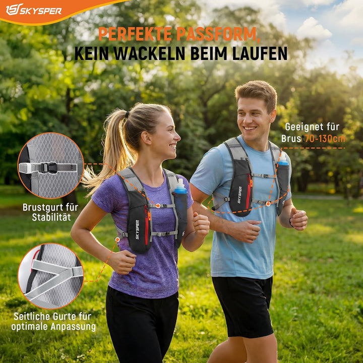 SKYSPER Laufweste Ultraleichter 5L, Trinkrucksack mit weichen Flaschen 500ml Laufrucksack Herren Dam