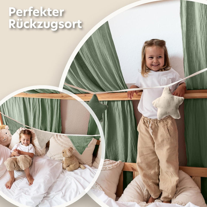 Hausbett Himmel mit Gold Applikation [in 12 Farben] Betthimmel Hausbett aus 100% Baumwolle Musselin