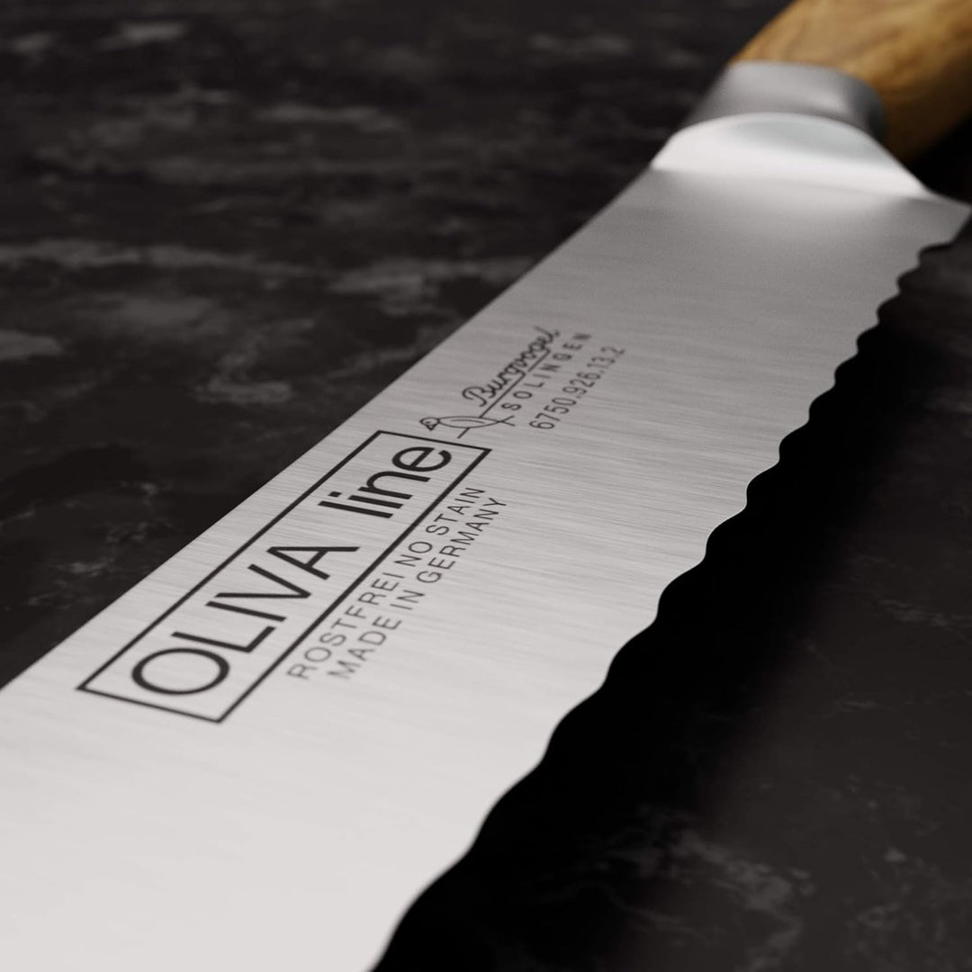 Burgvogel Solingen Brötchenmesser 13 cm geschmiedet Olivenholz, Oliva Line, Wellenschliff, rostfrei,