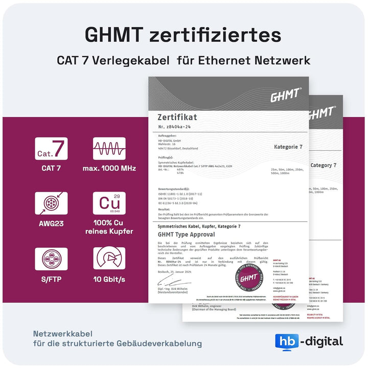 HB-DIGITAL 50m CAT 7 Netzwerkkabel LAN Kabel Verlegekabel Ethernet Installationskabel 10 Gbit/s AWG2