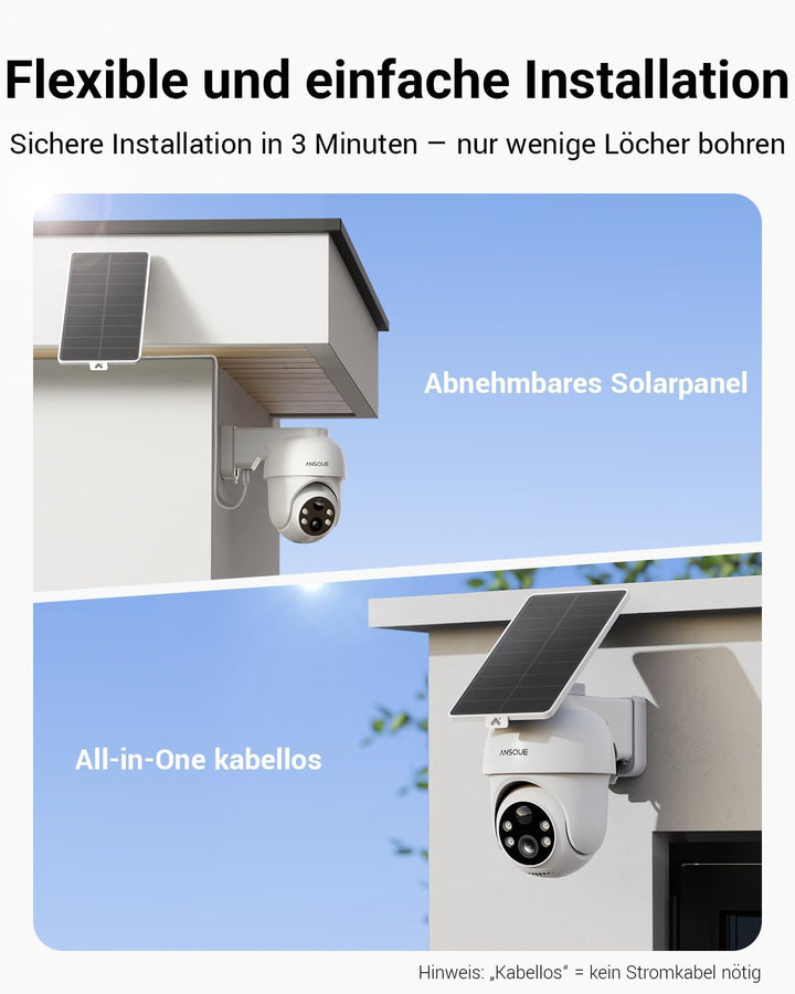 ANSQUE Überwachungskamera Aussen Solar Akku, 2er Set mit AnsqueBase, Ohne Abonnement, 32GB Lokalspei