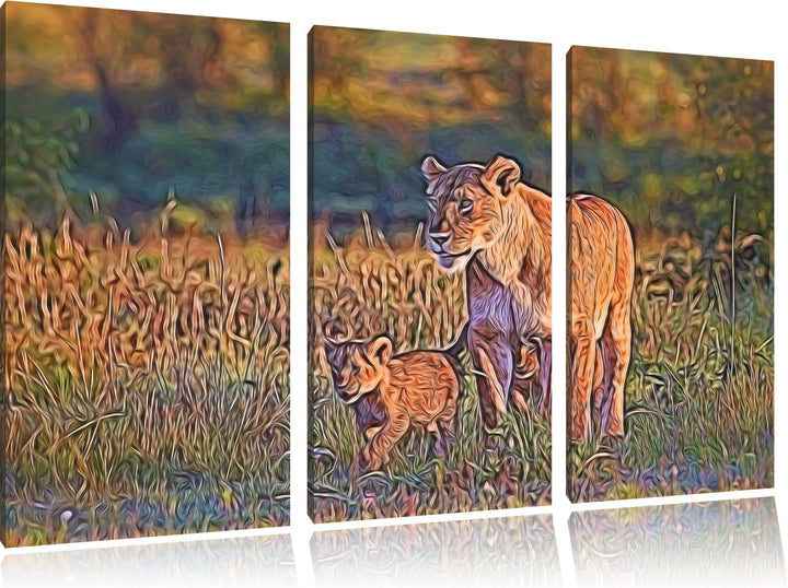 Löwenmutter mit Jungtieren NewArt 3-Teiler Leinwandbild 120x80 Bild auf Leinwand, XXL riesige Bilder