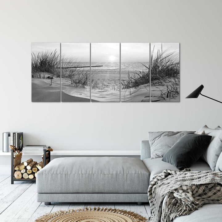 Runa Art Wandbild XXL Strand Sonnenuntergang Schlafzimmer Wohnzimmer 200 x 80 cm Schwarz Weiss 5 Tei