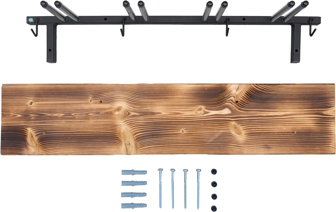 QLS Skihalterung S3 Wand Skihalter für 4 Paare 83 cm Stahl Holz hölzerne Hakenleiste Nordic Walking