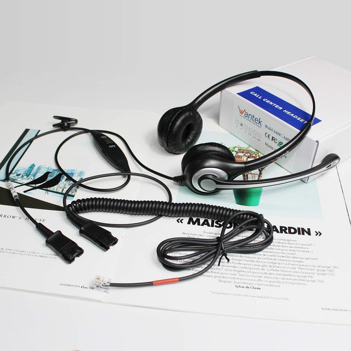 Wantek Telefon Headset RJ11 Binaural mit Noise Cancelling Mikrofon, Quick Disconnect, Festnetztelefo