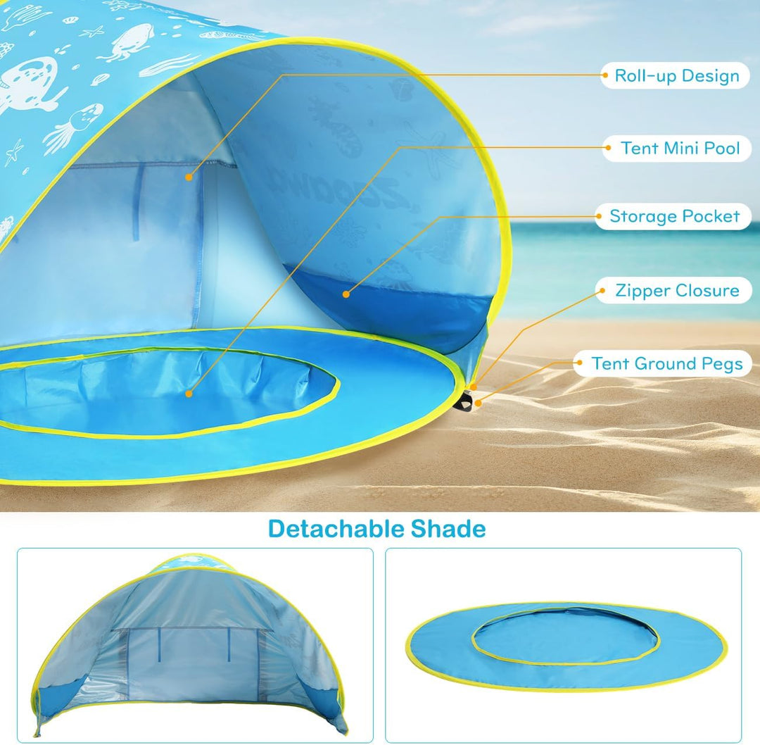 Strandmuschel Pop Up Baby Strandzelt Strandmuscheln,Tragbar Baby Strand Zelt mit Mini Pool UV-Schutz
