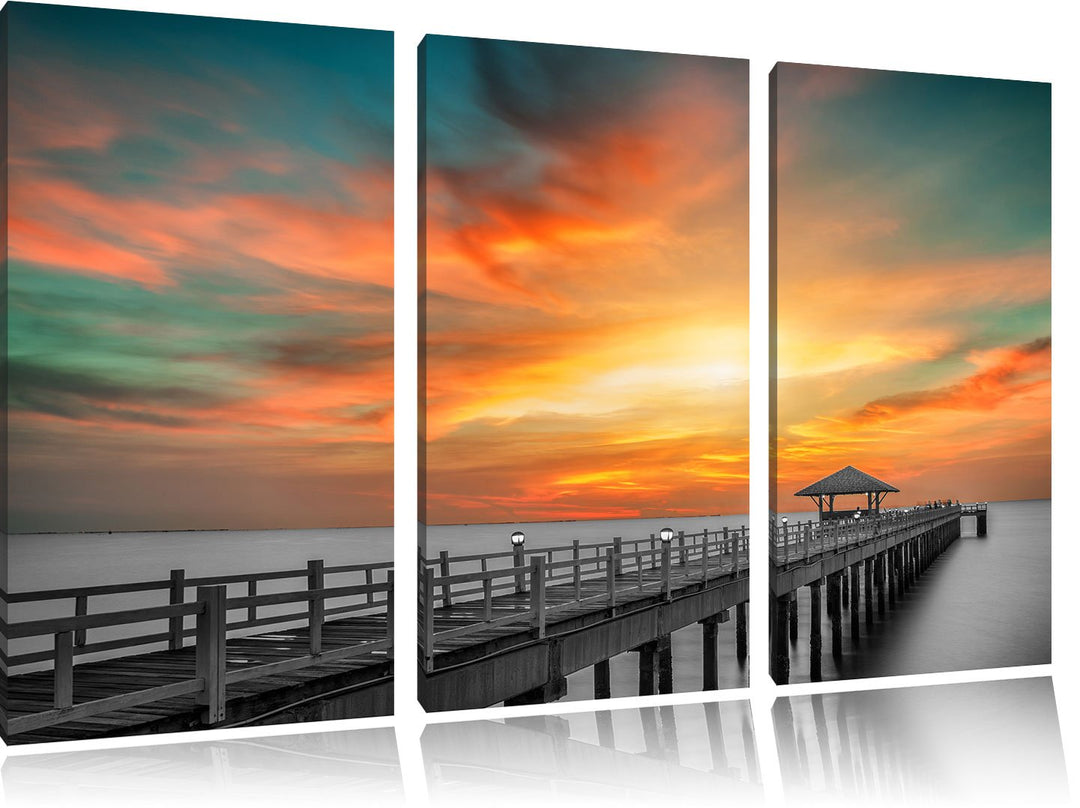 Pixxprint Steg ins Meer bei Sonnenuntergang/Format: 3-Teiler (120x80cm) cm/Leinwandbild fertig bespa