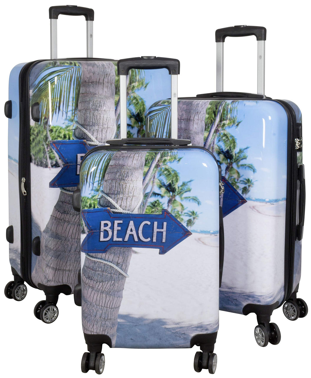 Trendyshop365 Hartschale Koffer-Set mit Motiv 3-teilig Beach 4 Räder Bunt Strand Zahlenschloss Koffe