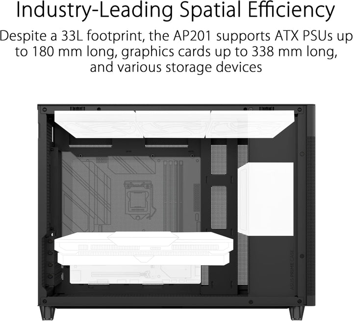 ASUS Prime AP201 MicroATX Gehäuse schwarz (33 Liter, unterstützt 280- & 360-mm-Kühler, Grafikkarten