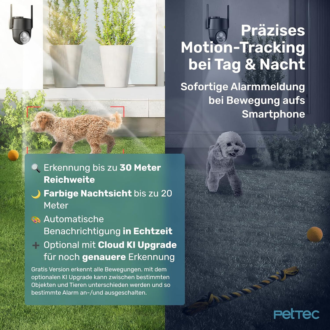 PetTec Pet Cam Free'n 360 4G LTE Überwachungskamera schwarz [OHNE ABO-Falle] mit Akku & Pan&Tilt Fun