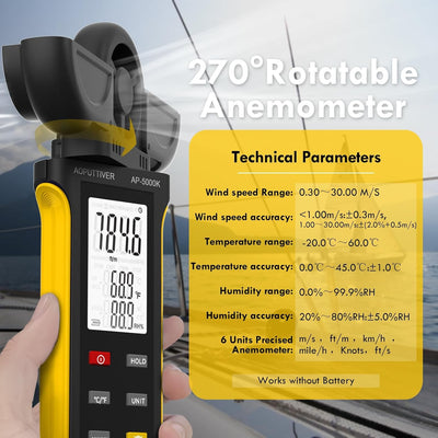 AOPUTTRIVER AP-5000K Windmessgerät Handheld Windmesser mit um 270° drehbarem Detektor und Doppelflüg