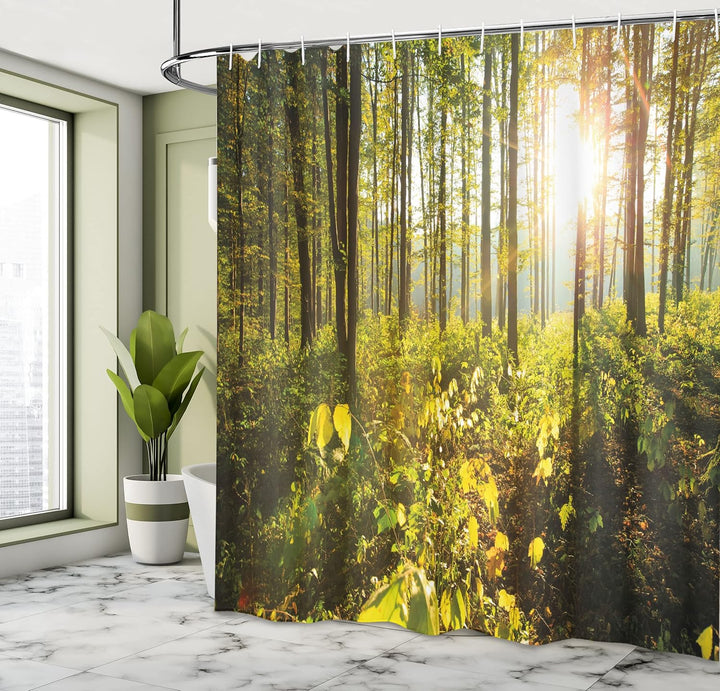 ABAKUHAUS Wald Duschvorhang, Sonnenstrahlen Woods Laub, Stoffliches Gewebe Badezimmerdekorationsset