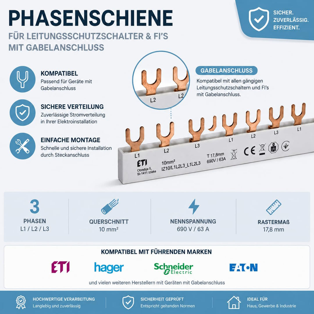 ETI Phasenschiene mit Gabelanschluss 10 mm² - 3-polig - 63A - isoliert - Reihenschiene Sammelschiene