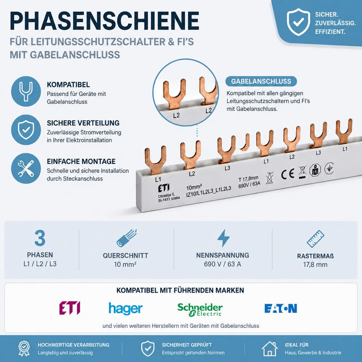 ETI Phasenschiene mit Gabelanschluss 10 mm² - 3-polig - 63A - isoliert - Reihenschiene Sammelschiene