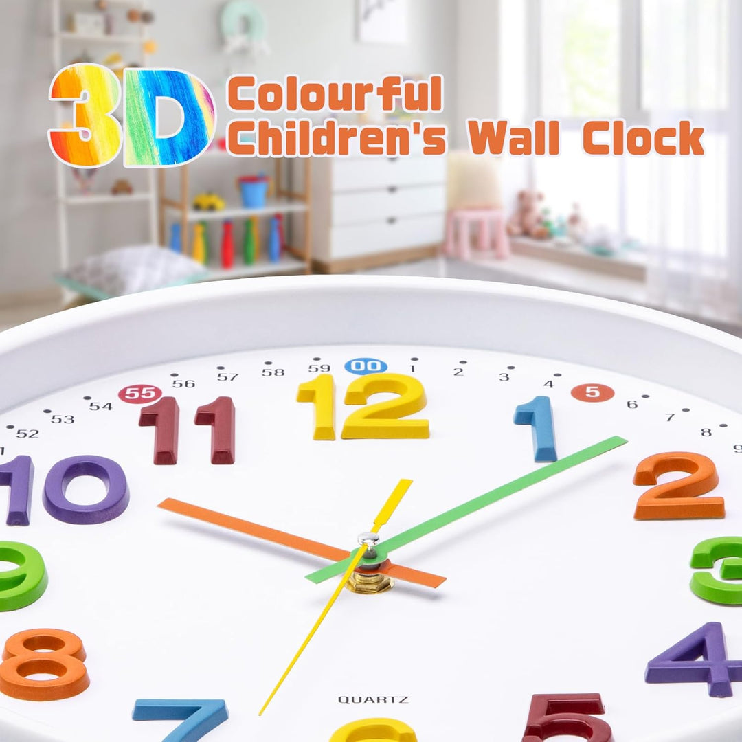 ACCSHINE Kinder Wanduhr ohne Tickgeräusche Lernuhr 30cm 3D Bunt Zahlen Modern Quartz Lautlos Wanduhr